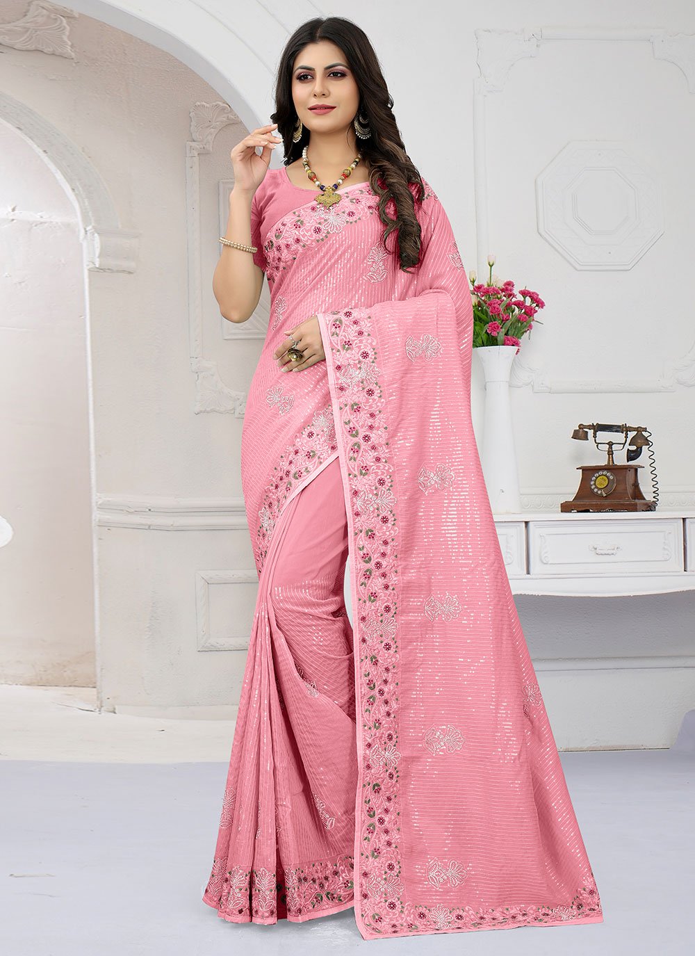 Classic Organza Pink Embroidered Saree