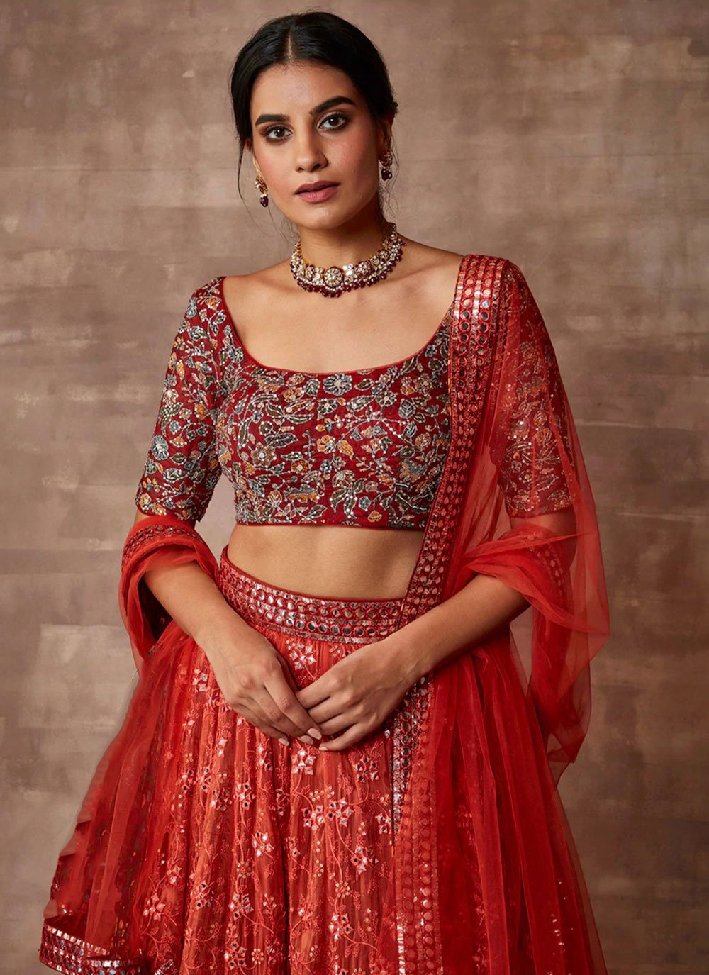 A Line Lehenga Organza Orange Embroidered Lehenga Choli