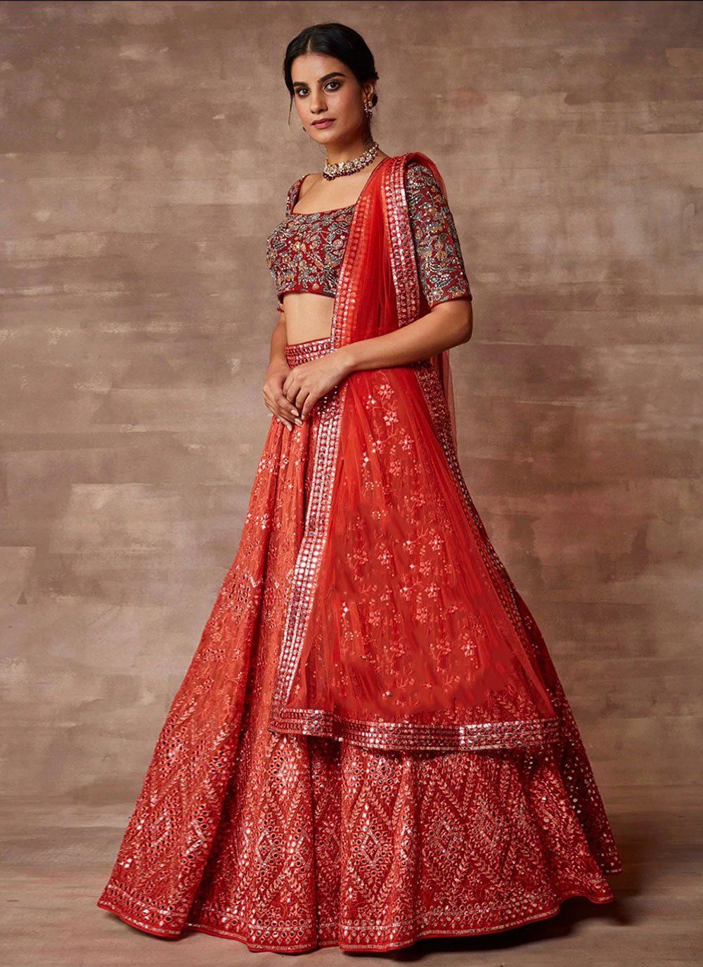 A Line Lehenga Organza Orange Embroidered Lehenga Choli