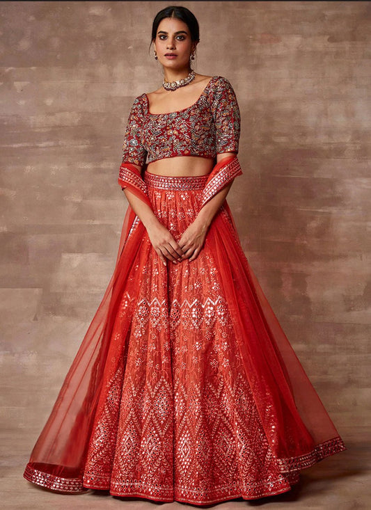 A Line Lehenga Organza Orange Embroidered Lehenga Choli