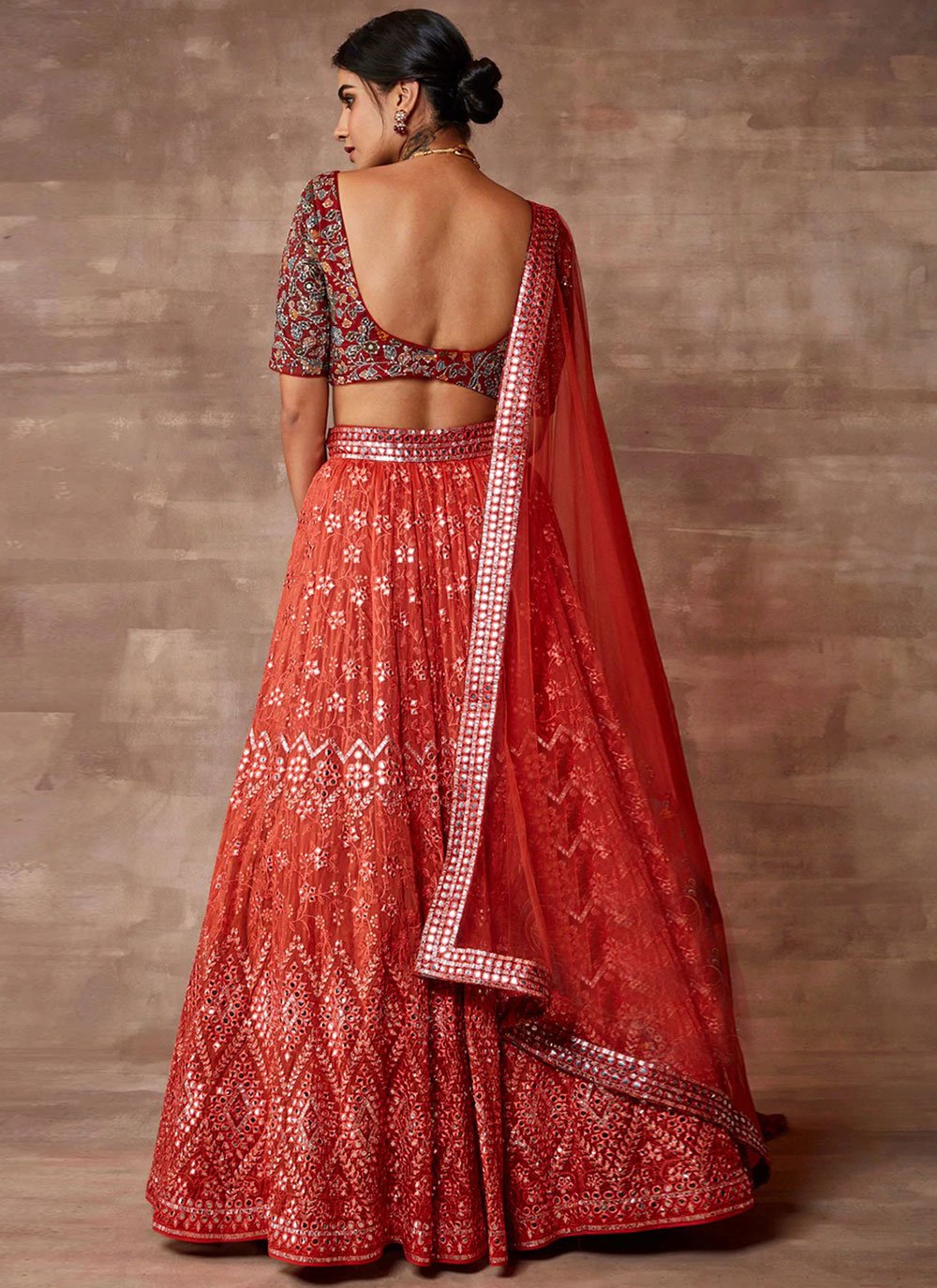 A Line Lehenga Organza Orange Embroidered Lehenga Choli