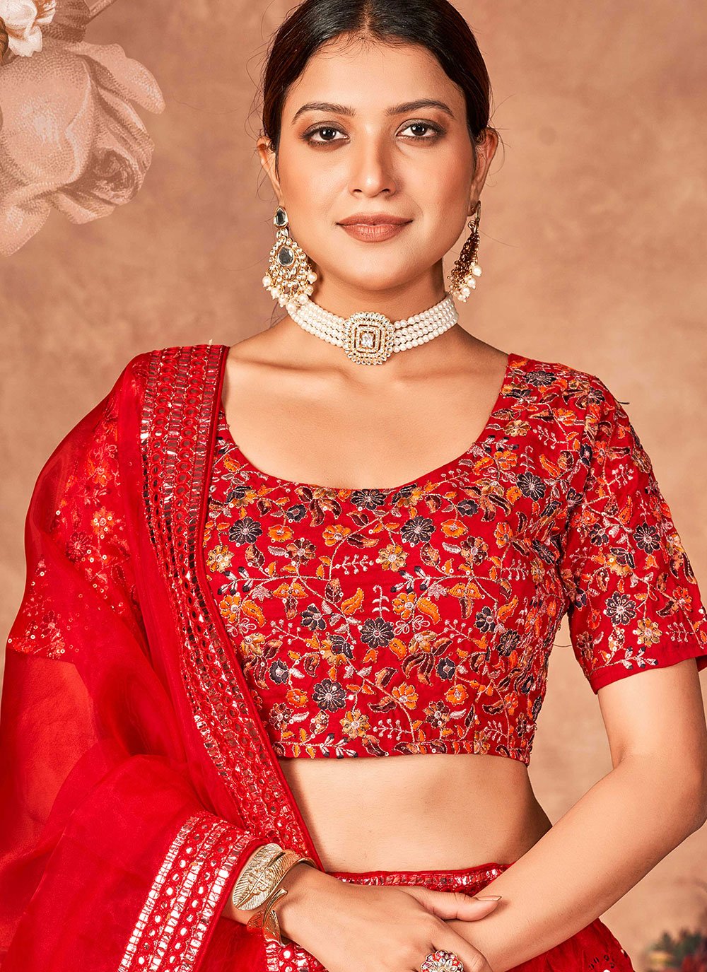 Lehenga Choli Organza Red Embroidered Lehenga Choli