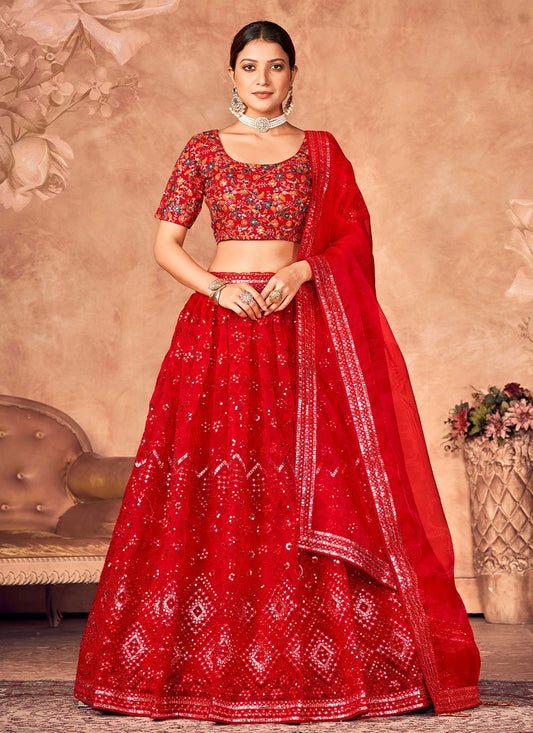 Lehenga Choli Organza Red Embroidered Lehenga Choli