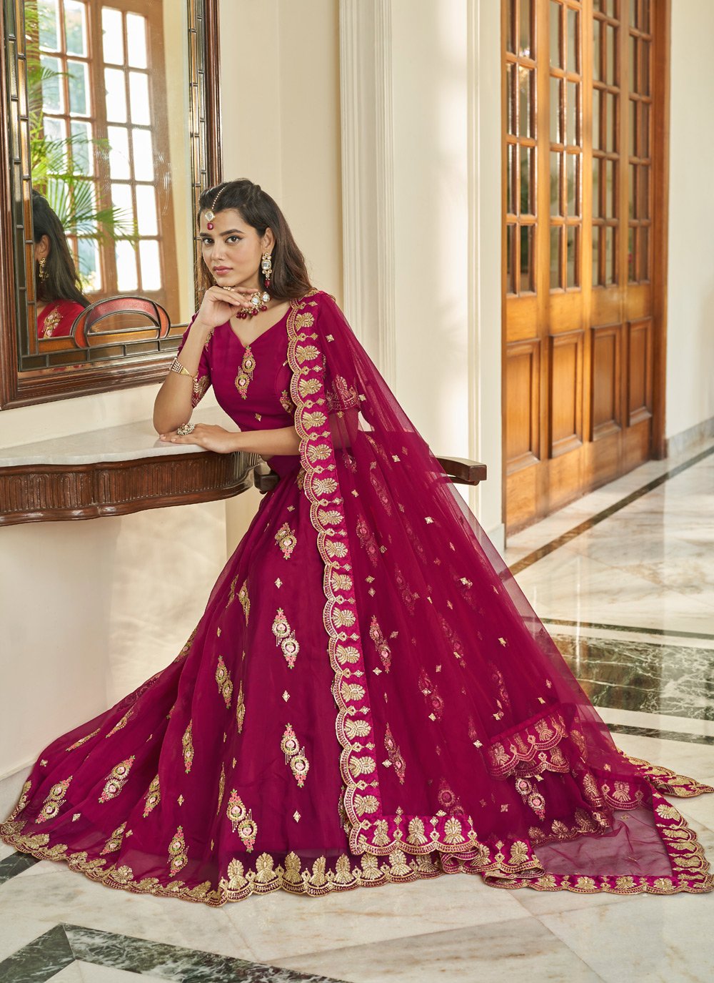 A Line Lehenga Organza Magenta Embroidered Lehenga Choli