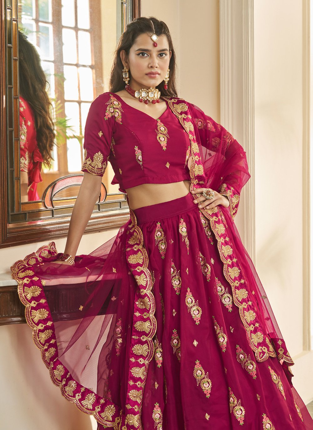 A Line Lehenga Organza Magenta Embroidered Lehenga Choli