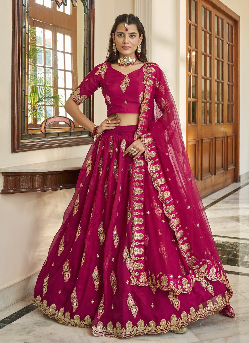 A Line Lehenga Organza Magenta Embroidered Lehenga Choli