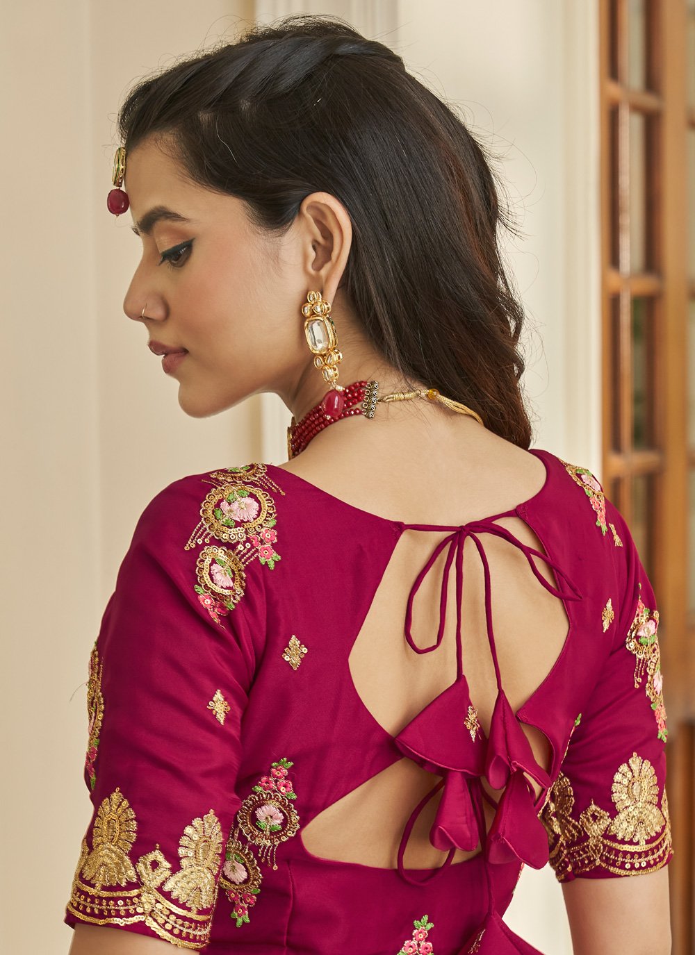 A Line Lehenga Organza Magenta Embroidered Lehenga Choli