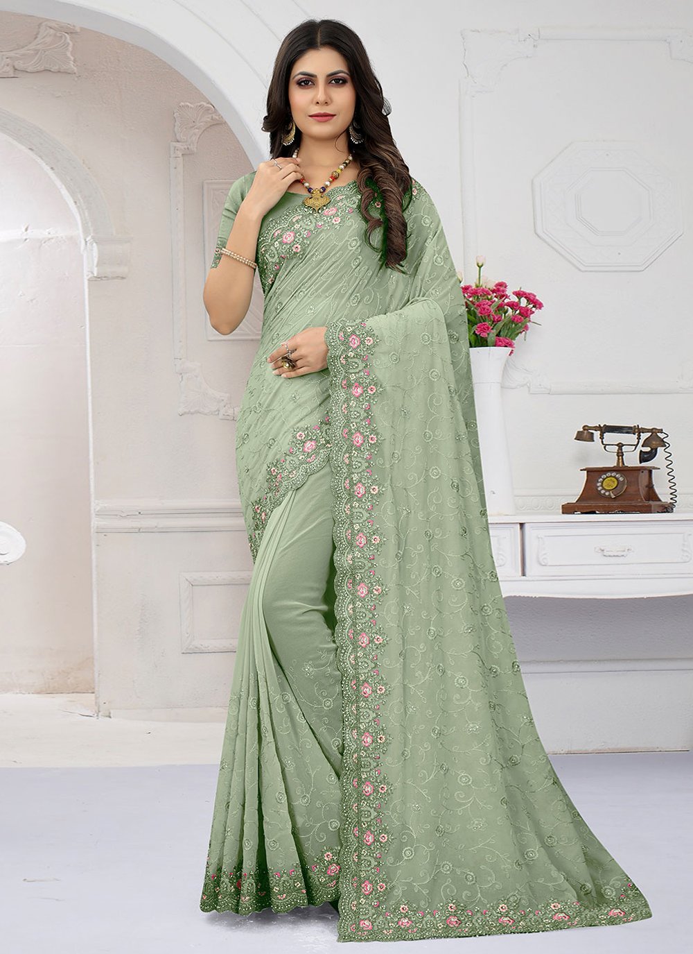 Classic Georgette Sea Green Diamond Saree