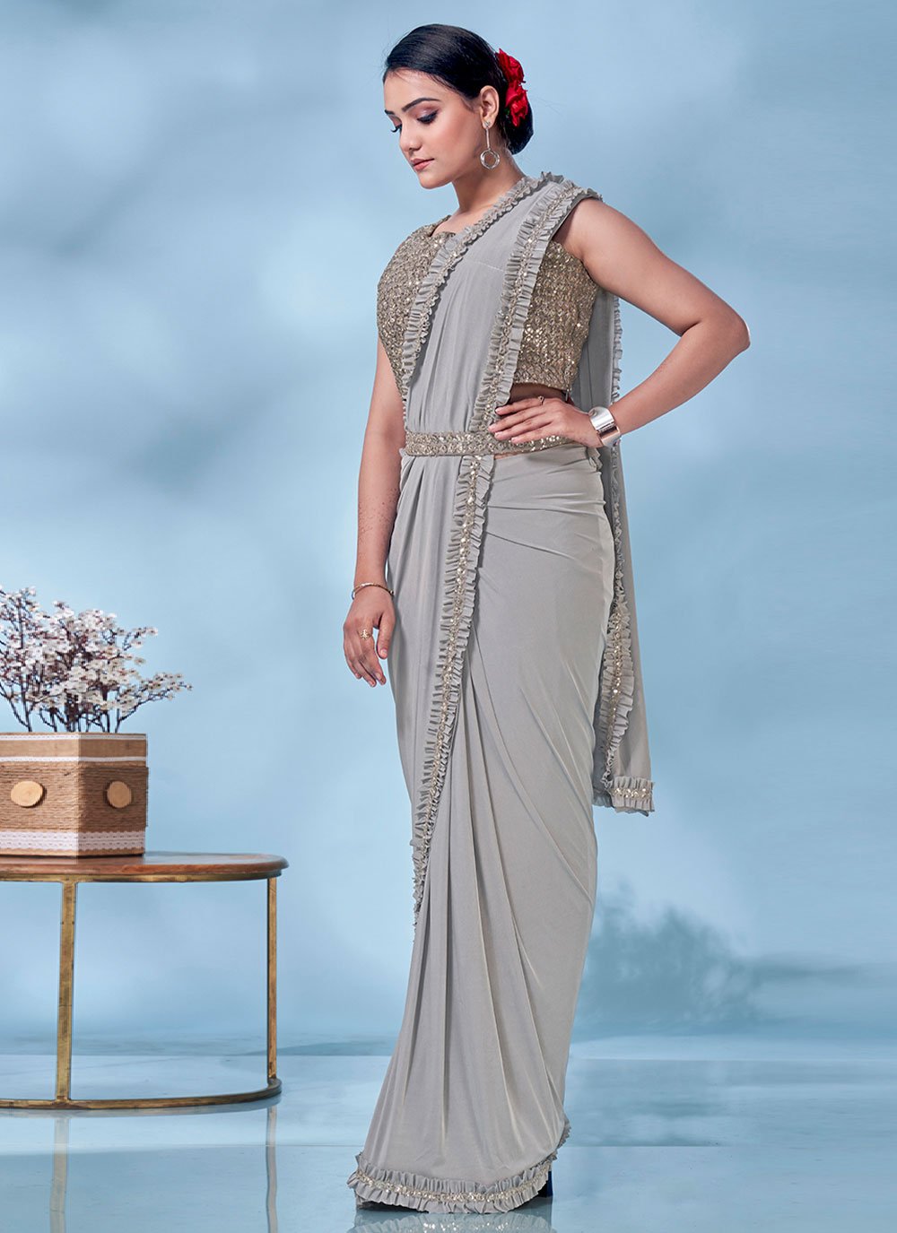 Classic Imported Grey Sequins Saree