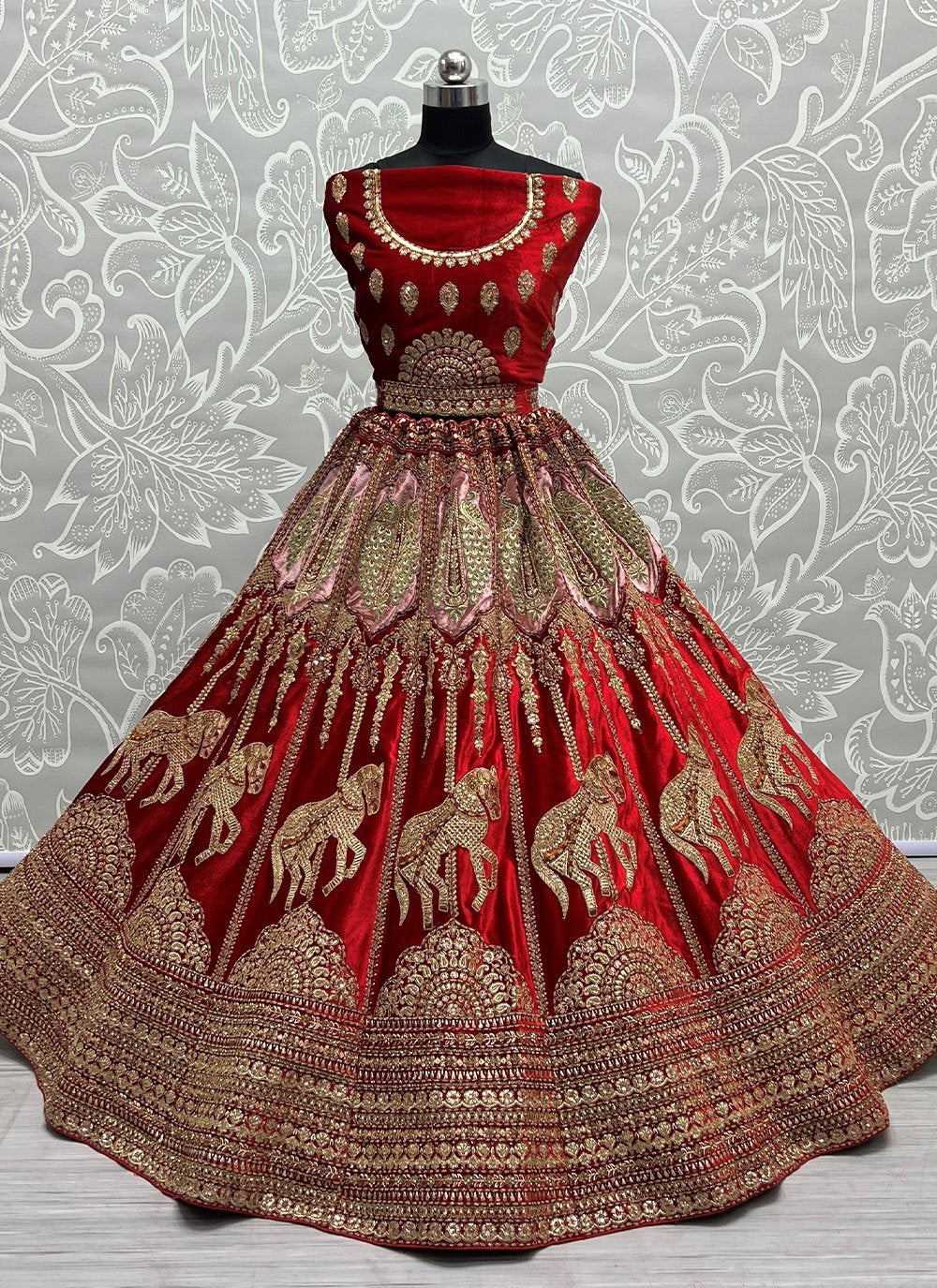 Lehenga Choli Velvet Red Diamond Lehenga Choli