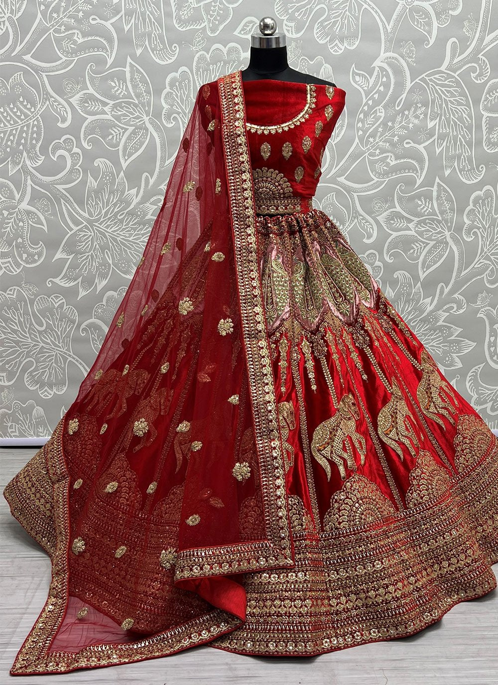 Lehenga Choli Velvet Red Diamond Lehenga Choli