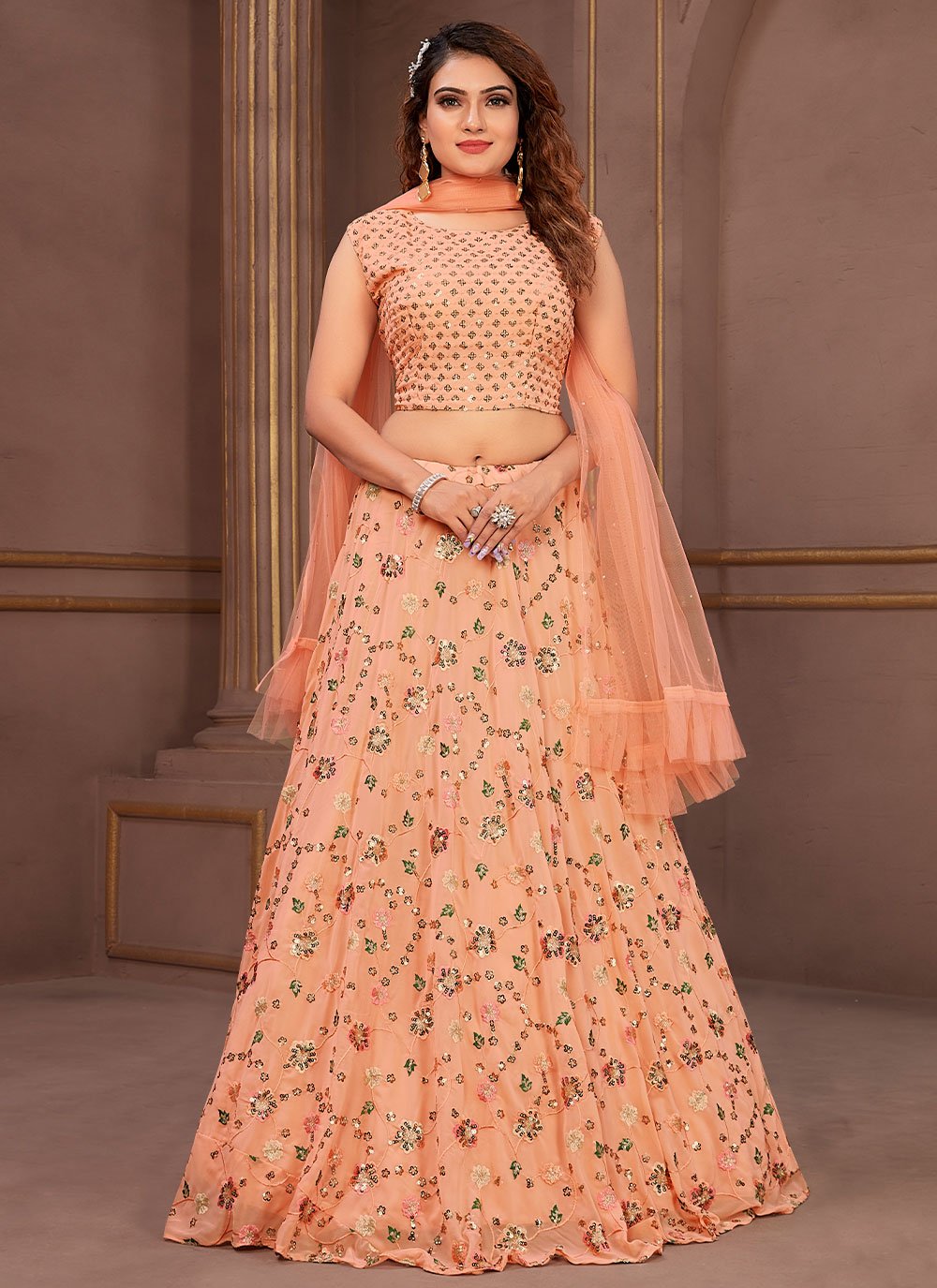 A Line Lehenga Georgette Viscose Peach Embroidered Lehenga Choli