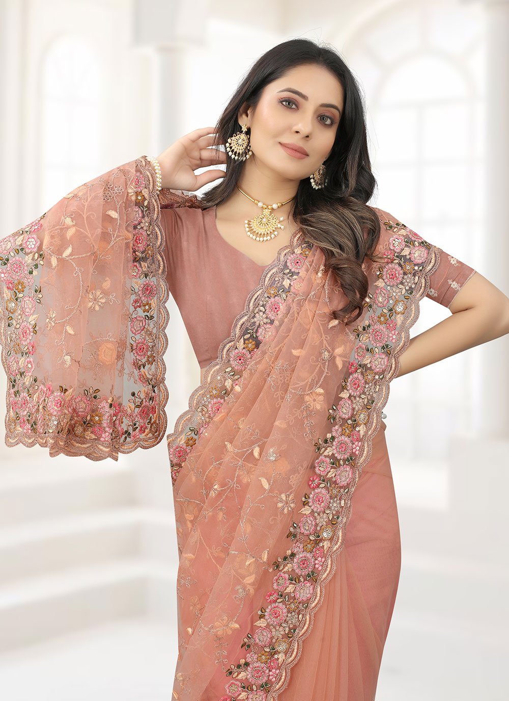 Designer Net Peach Embroidered Saree