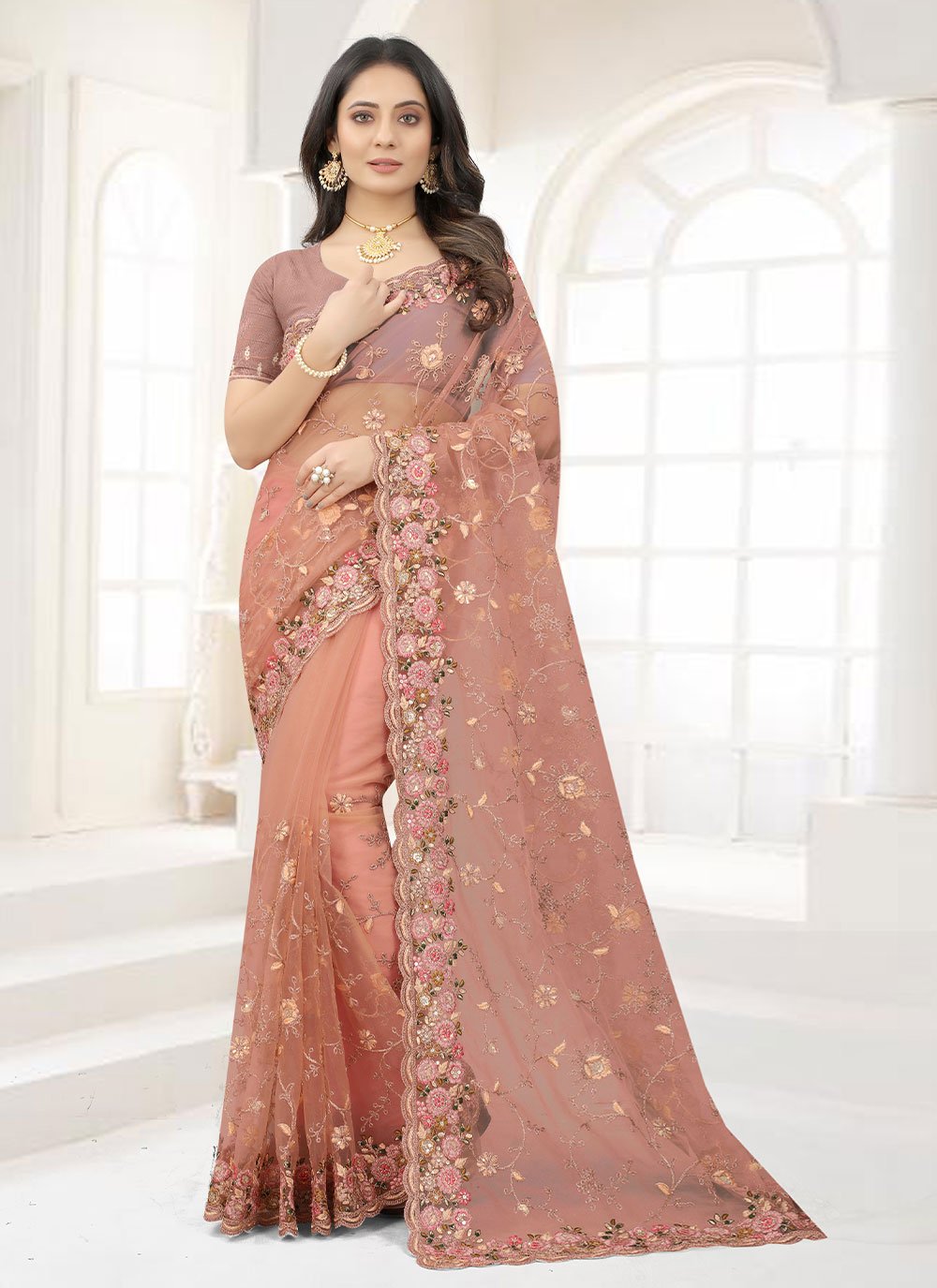 Designer Net Peach Embroidered Saree