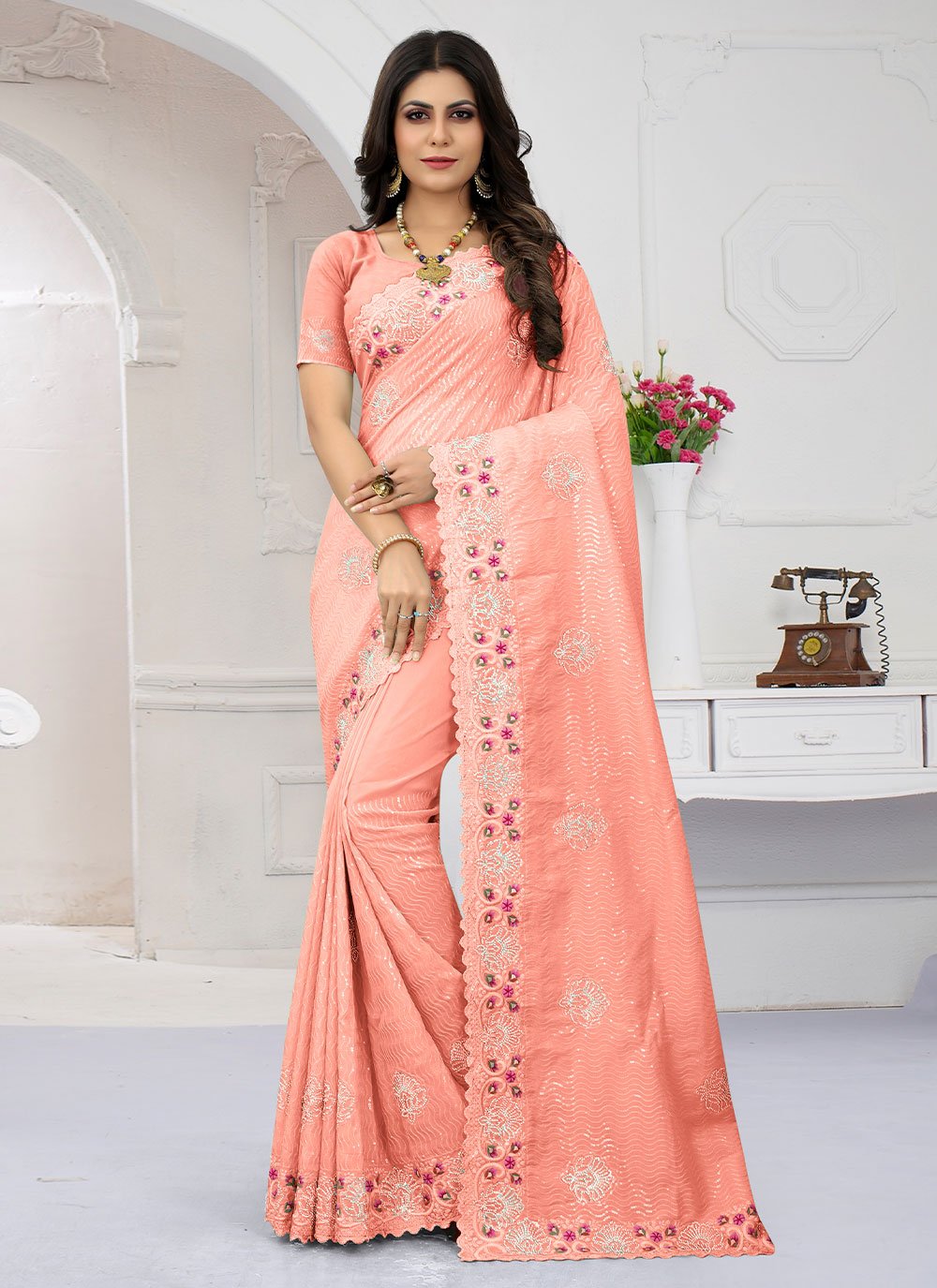 Designer Organza Peach Embroidered Saree