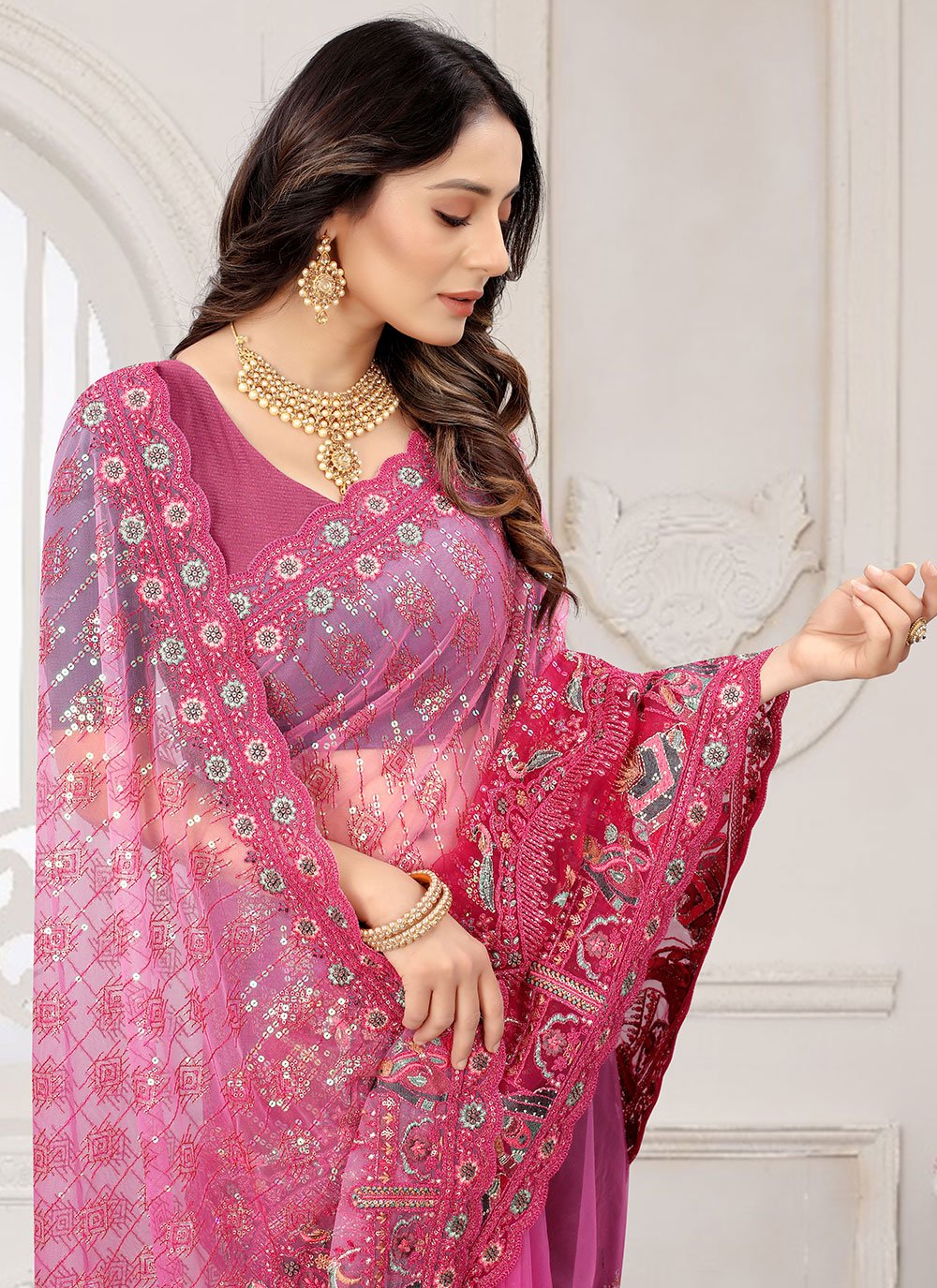 Classic Net Pink Cord Work Saree