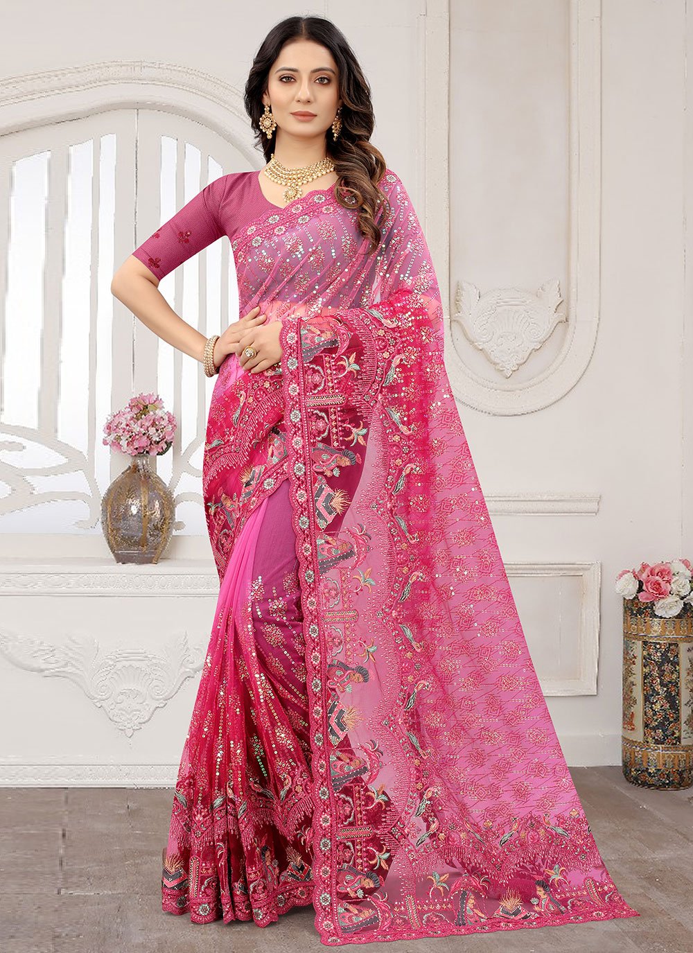 Classic Net Pink Cord Work Saree