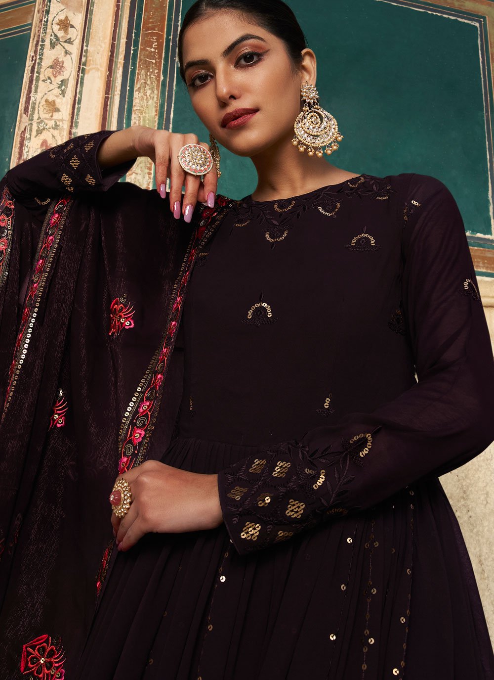 Gown Georgette Purple Embroidered Gown