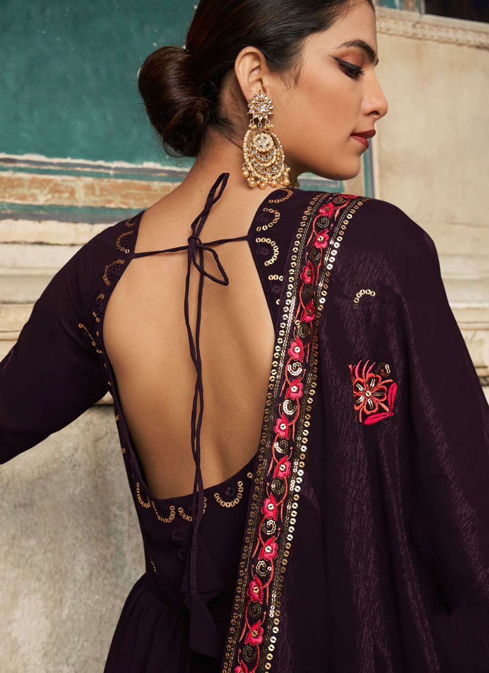 Gown Georgette Purple Embroidered Gown