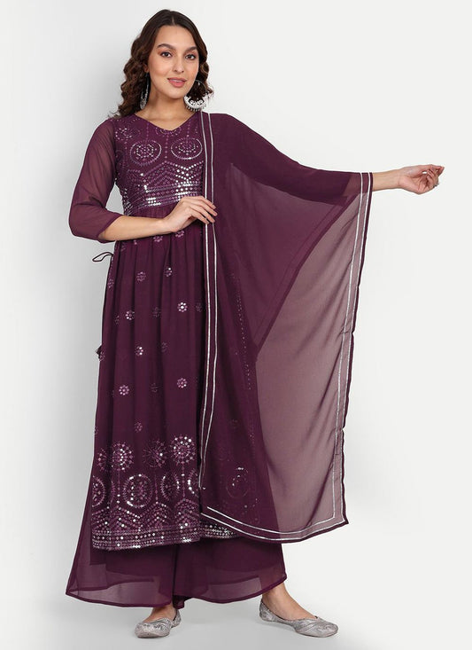 Floor Lenght Salwar Suit Georgette Purple Multi Salwar Kameez