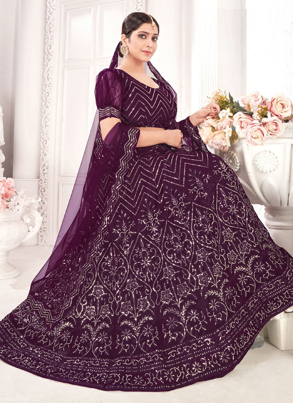 Lehenga Choli Net Purple Embroidered Lehenga Choli