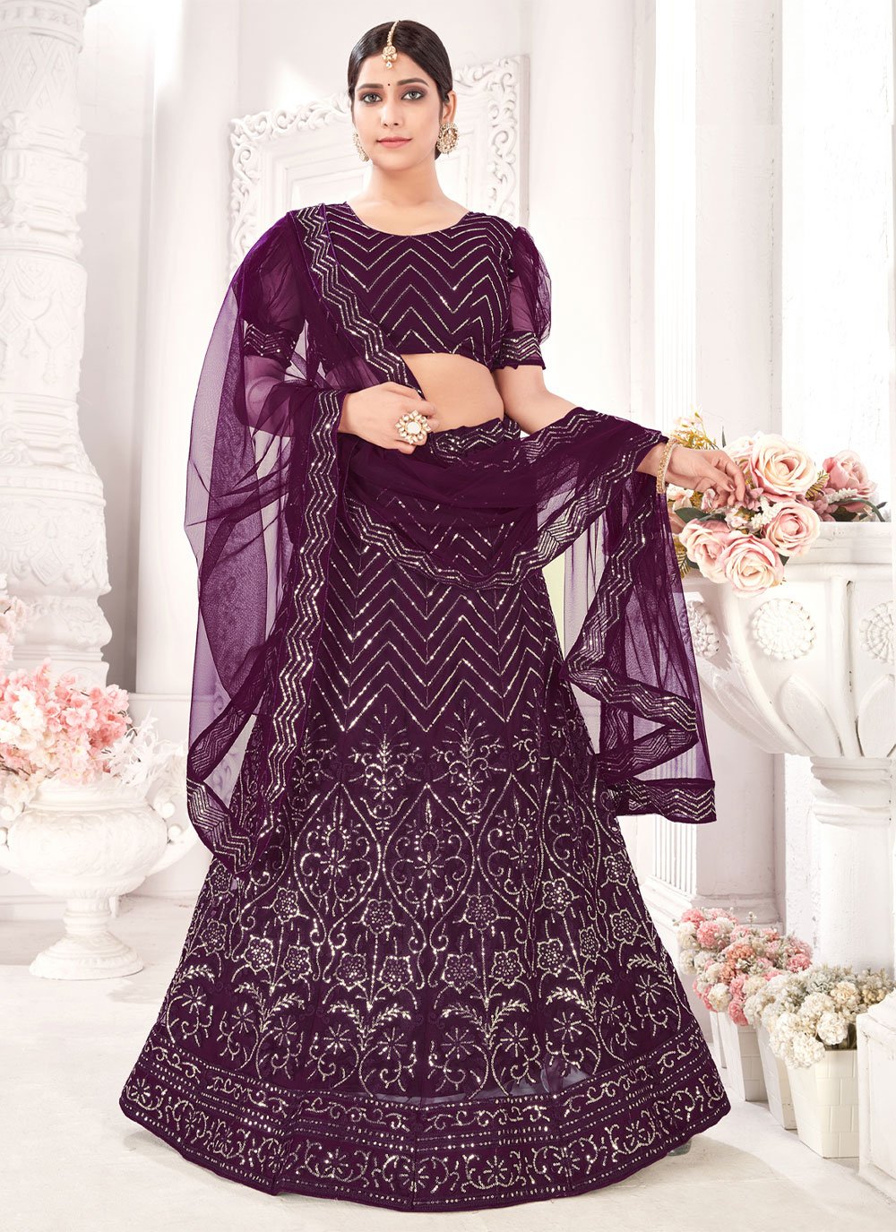 Lehenga Choli Net Purple Embroidered Lehenga Choli