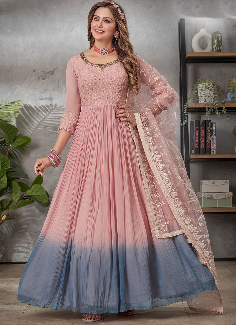 Gown Georgette Pink Embroidered Gown