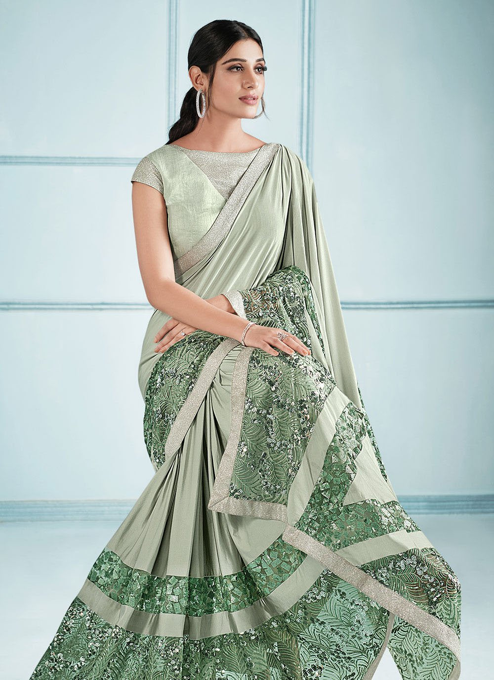 Classic Lycra Sea Green Embroidered Saree