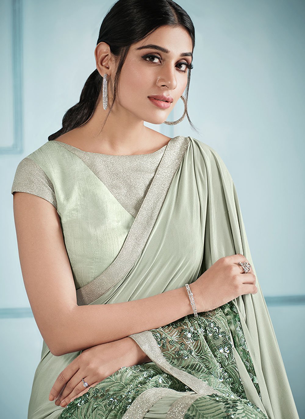 Classic Lycra Sea Green Embroidered Saree