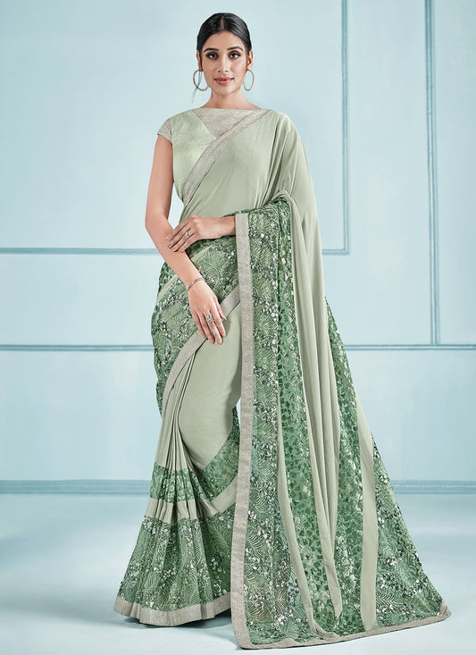 Classic Lycra Sea Green Embroidered Saree