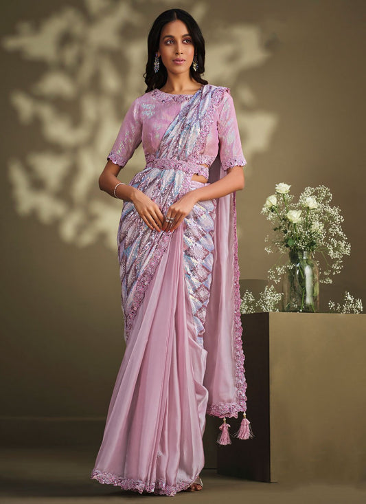 Classic Crepe Silk Satin Silk Pink Embroidered Saree