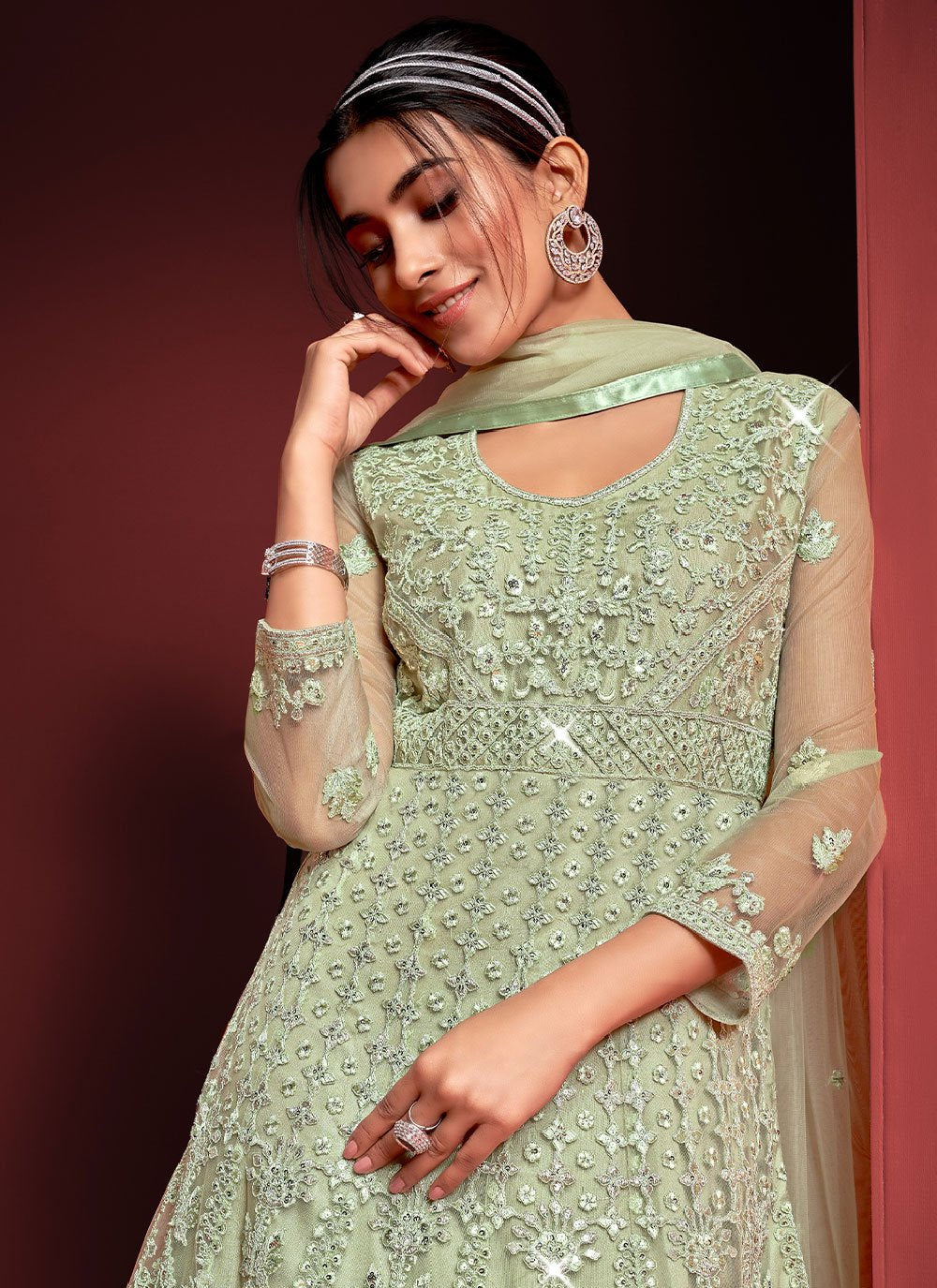 Floor Lenght Salwar Suit Net Sea Green Embroidered Salwar Kameez