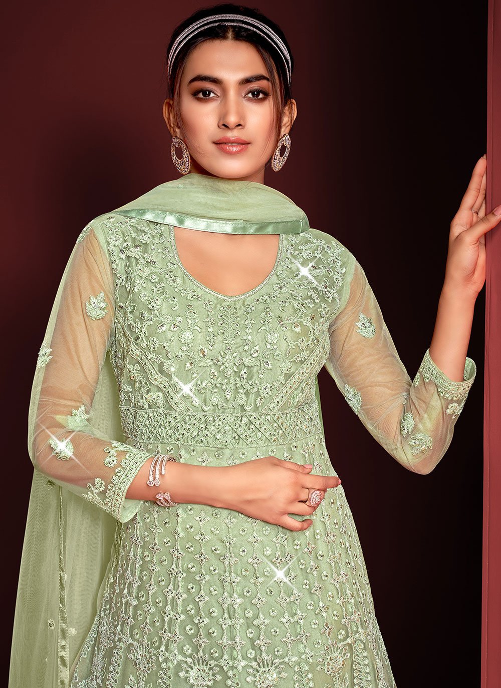 Floor Lenght Salwar Suit Net Sea Green Embroidered Salwar Kameez