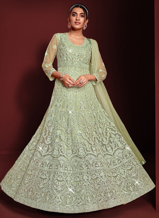 Floor Lenght Salwar Suit Net Sea Green Embroidered Salwar Kameez