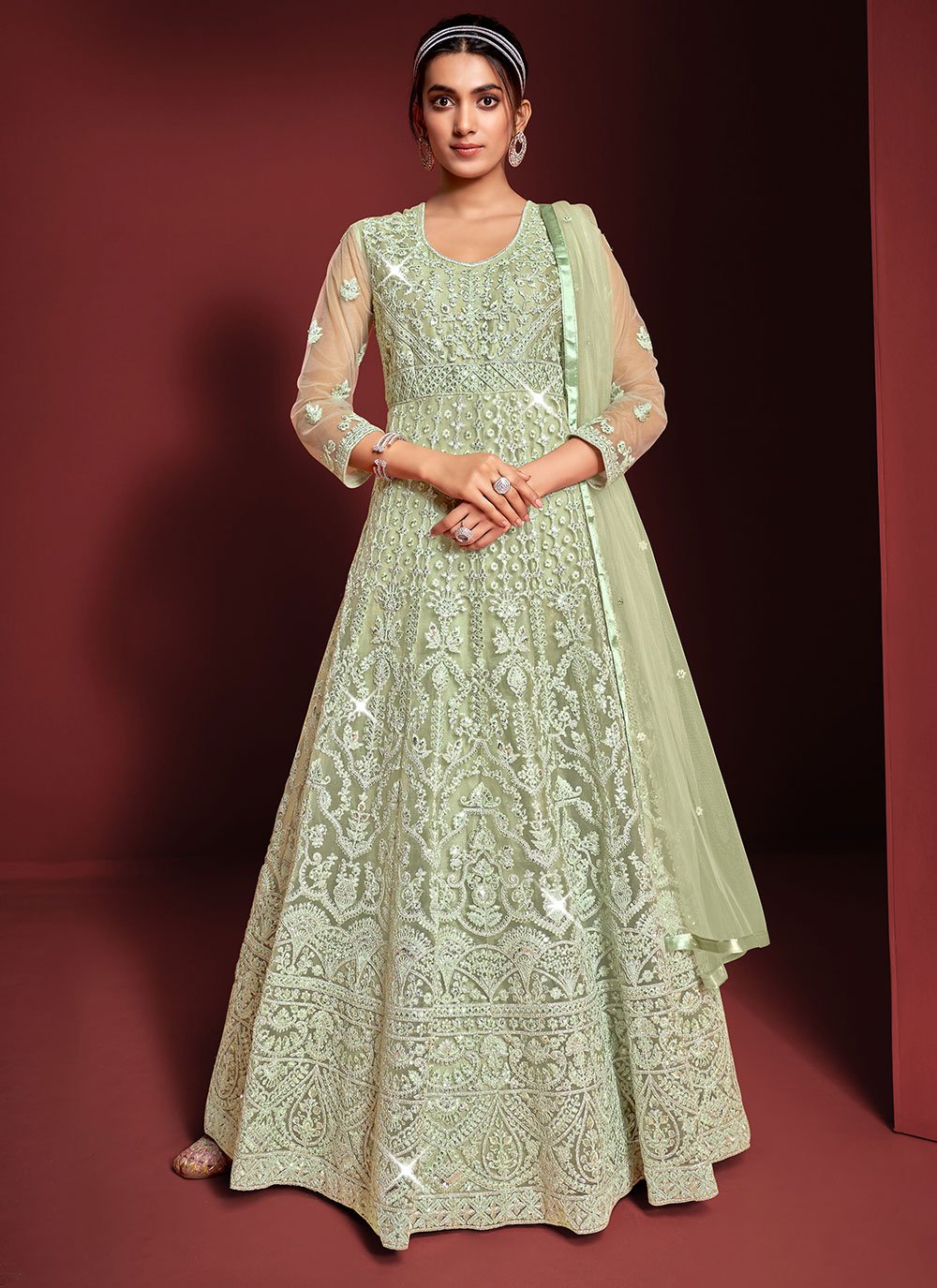 Floor Lenght Salwar Suit Net Sea Green Embroidered Salwar Kameez