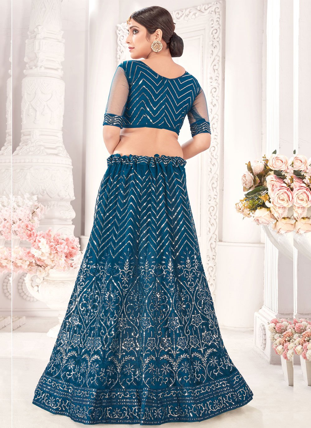 Readymade Lehenga Choli Net Teal Embroidered Lehenga Choli