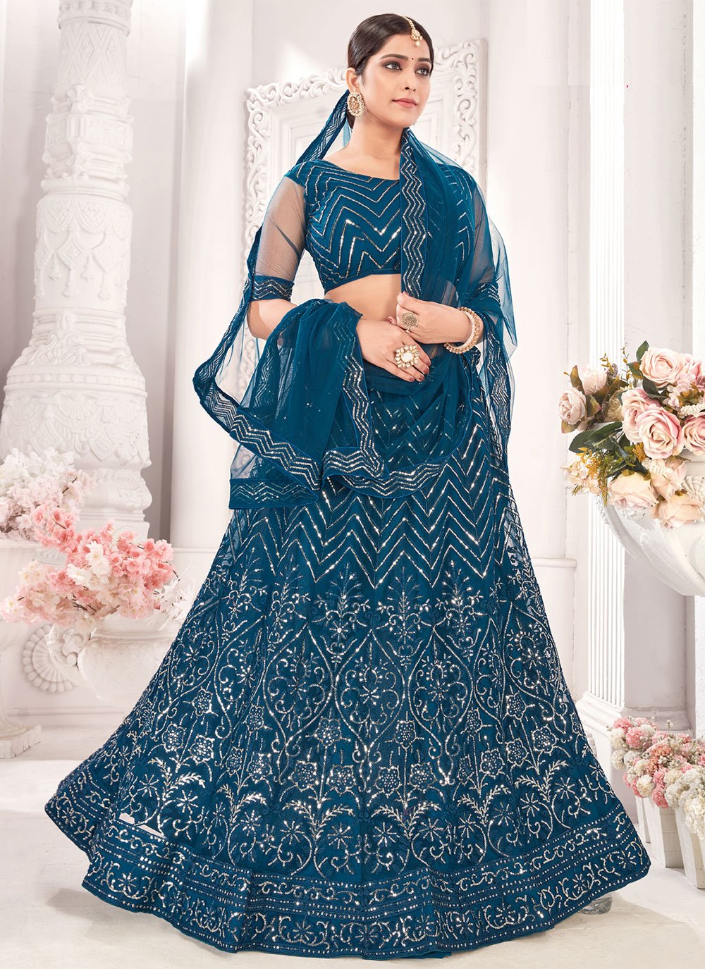 Readymade Lehenga Choli Net Teal Embroidered Lehenga Choli