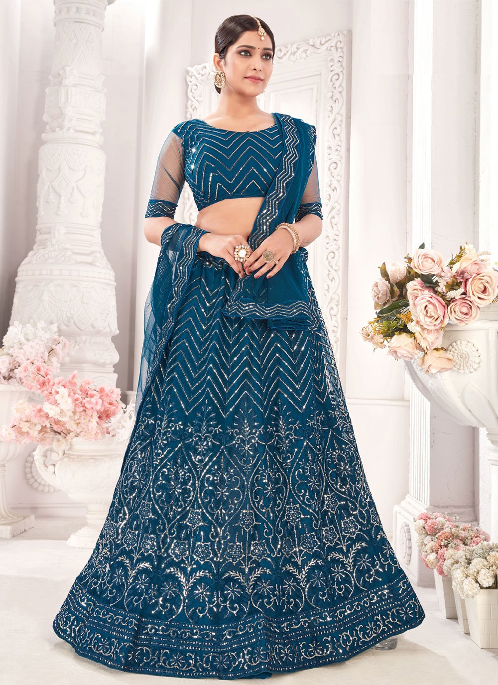 Readymade Lehenga Choli Net Teal Embroidered Lehenga Choli