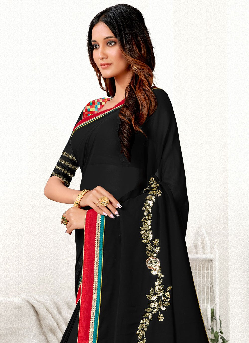 Classic Georgette Black Sequins Saree