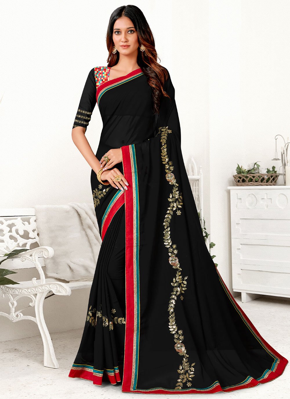 Classic Georgette Black Sequins Saree