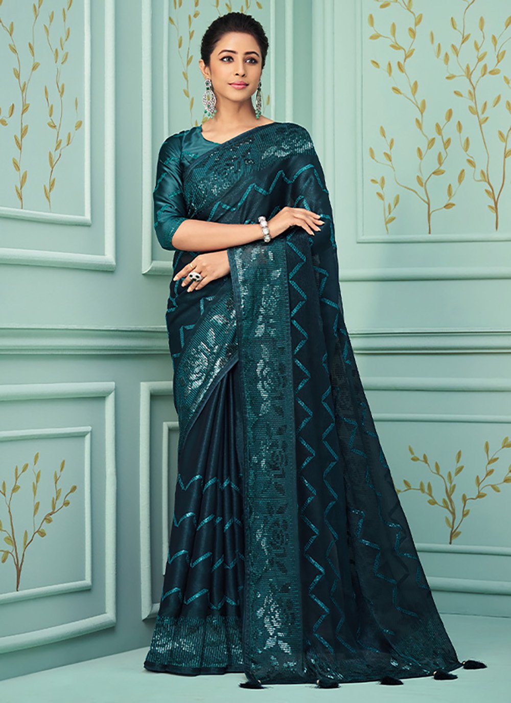 Classic Silk Teal Embroidered Saree