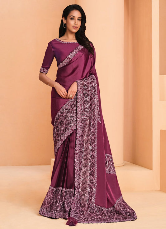 Classic Crepe Silk Satin Pink Embroidered Saree