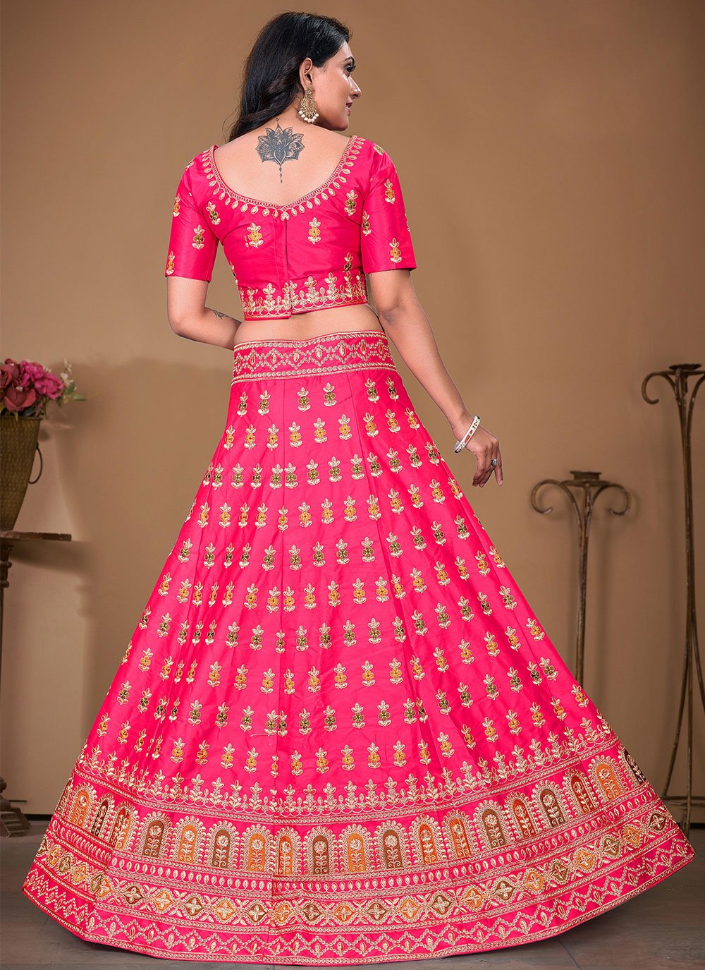 A Line Lehenga Satin Rani Embroidered Lehenga Choli