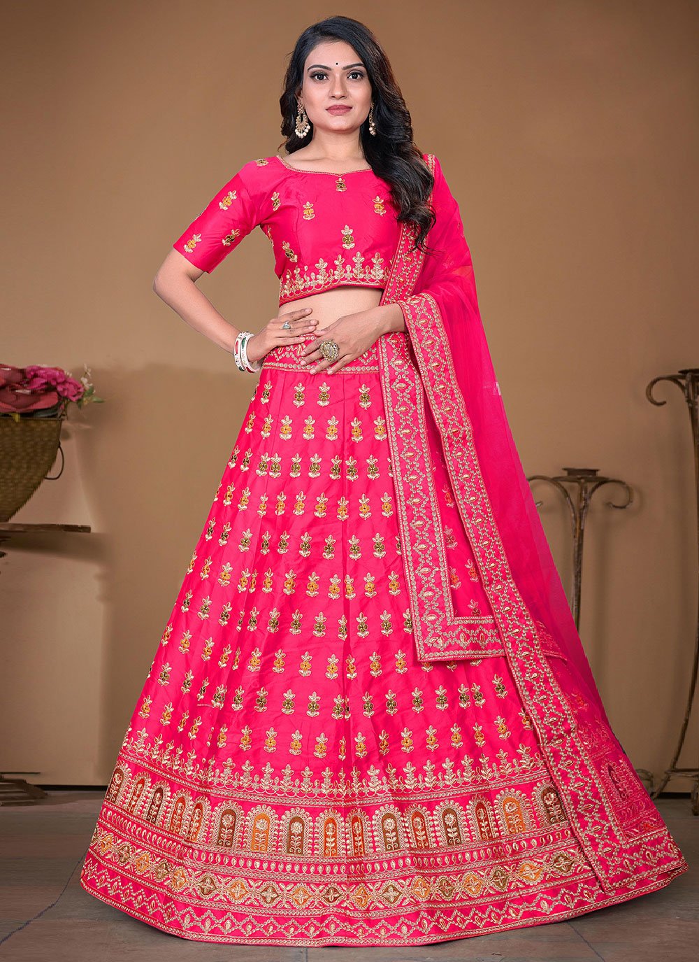 A Line Lehenga Satin Rani Embroidered Lehenga Choli