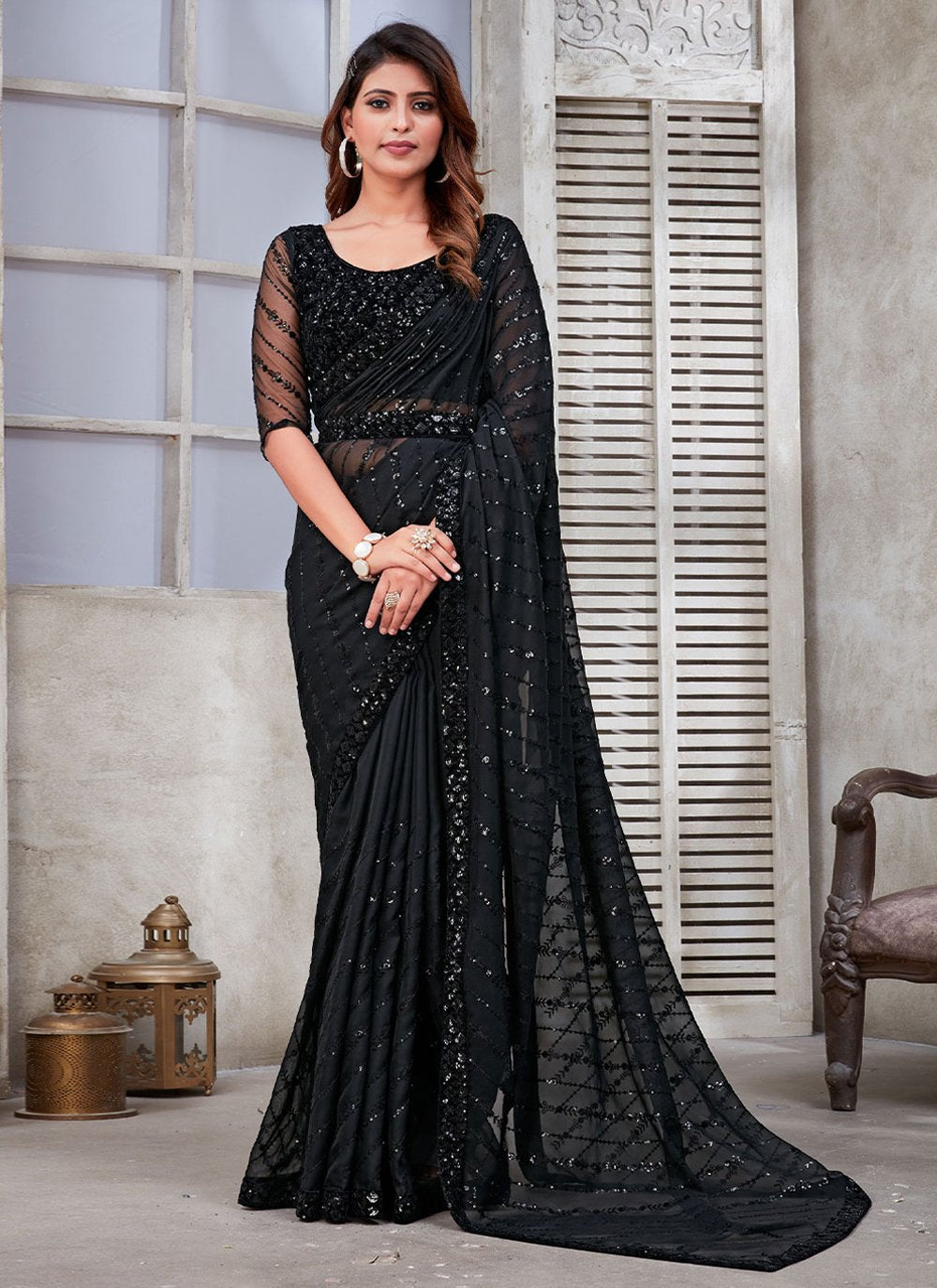 Classic Organza Satin Black Patch Border Saree