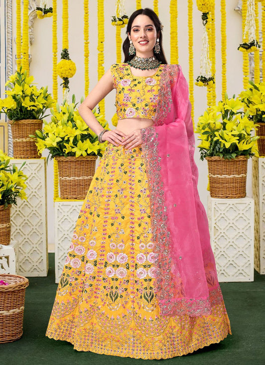 A Line Lehenga Satin Silk Yellow Embroidered Lehenga Choli