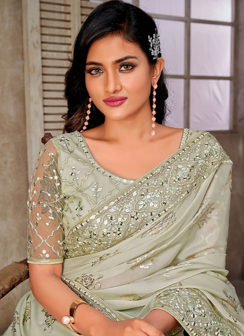 Classic Foil Silk Sea Green Patch Border Saree