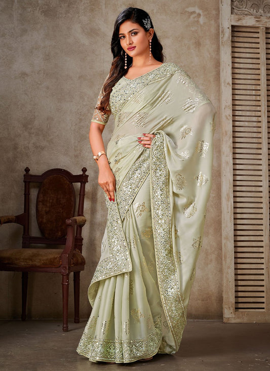 Classic Foil Silk Sea Green Patch Border Saree