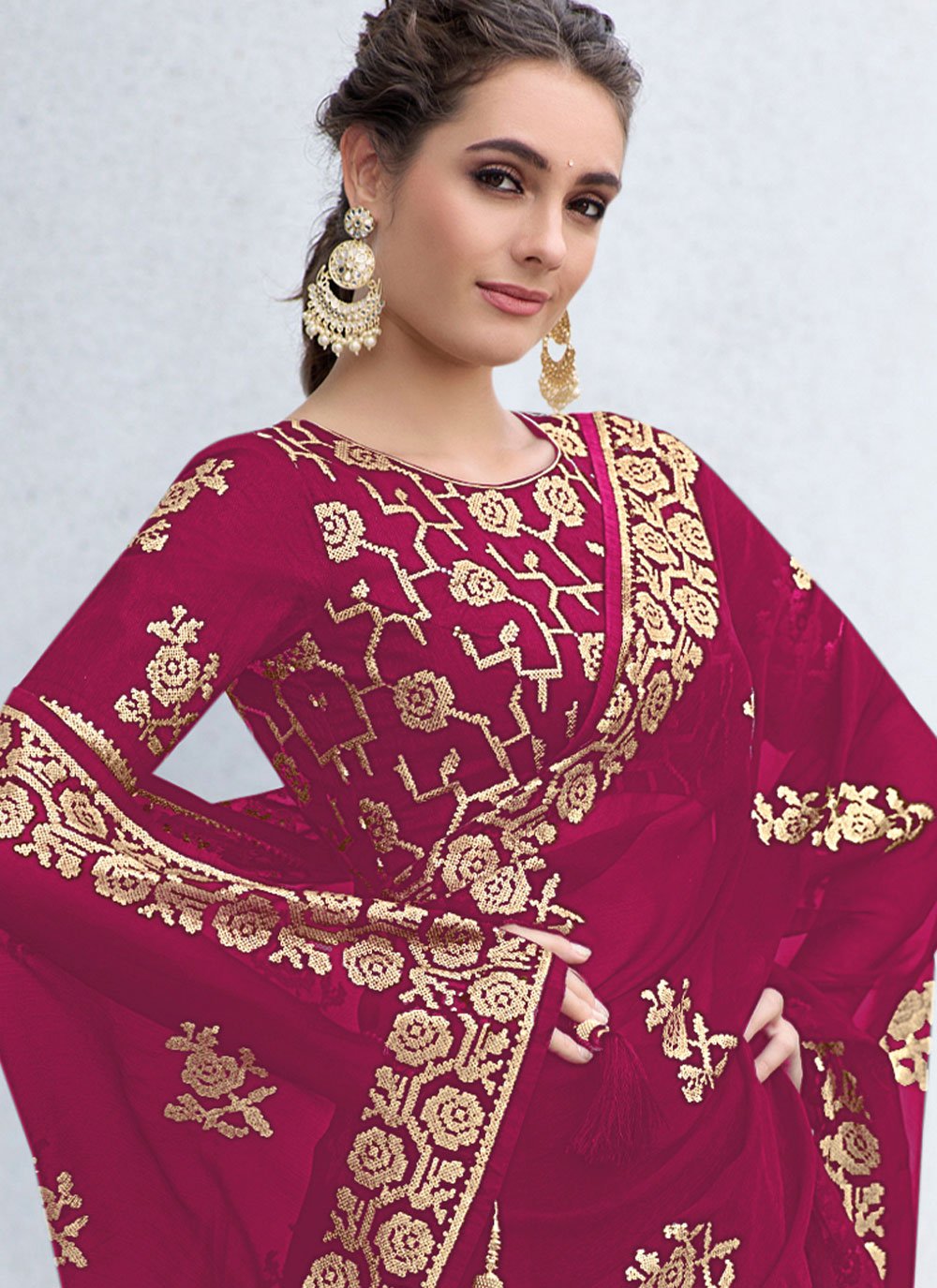 Traditional Saree Shimmer Georgette Fuchsia Sequins Saree