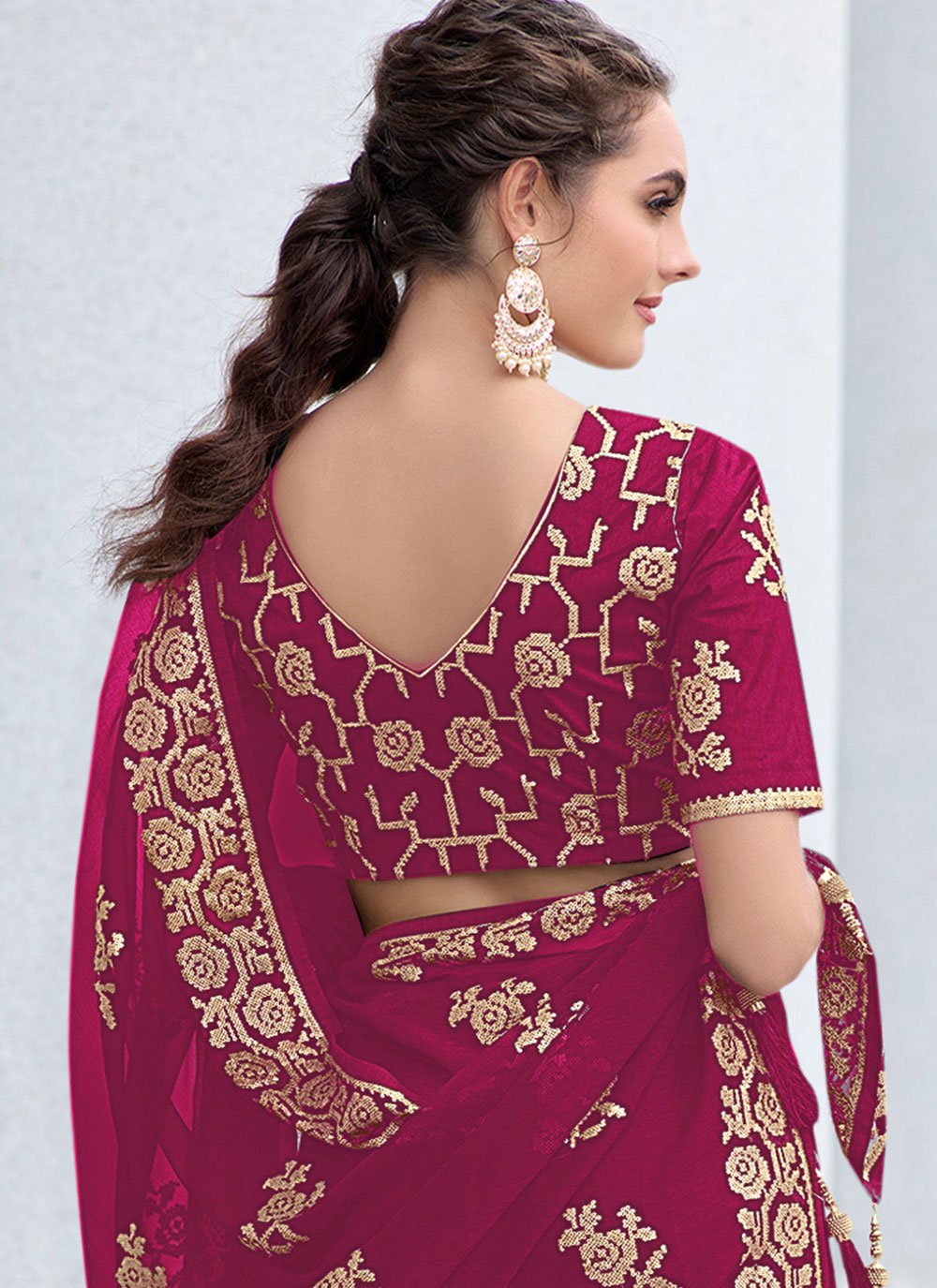 Traditional Saree Shimmer Georgette Fuchsia Sequins Saree